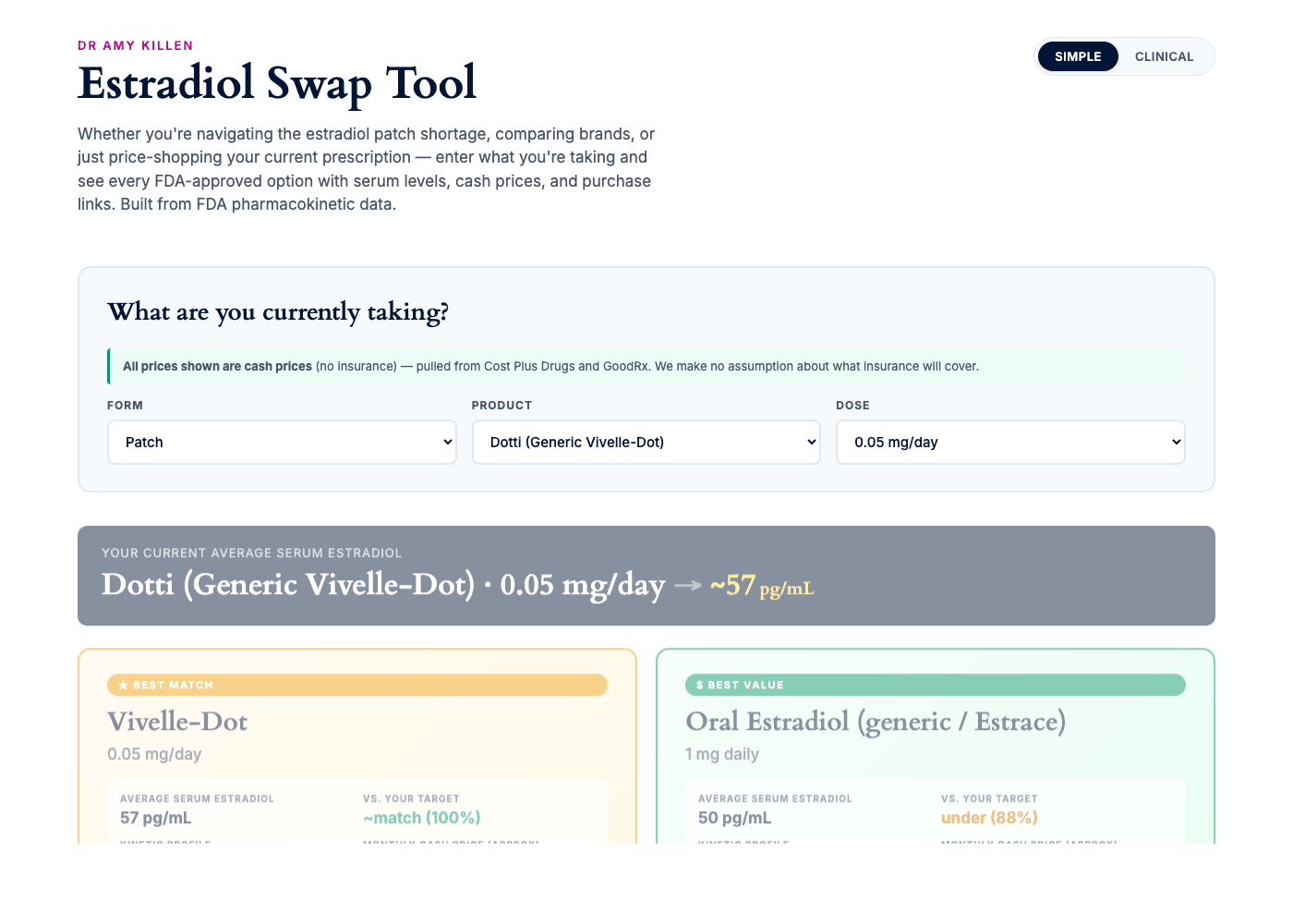 Estradiol Swap Tool interface preview — showing form inputs, current serum estradiol, and best-match/best-value recommendation cards