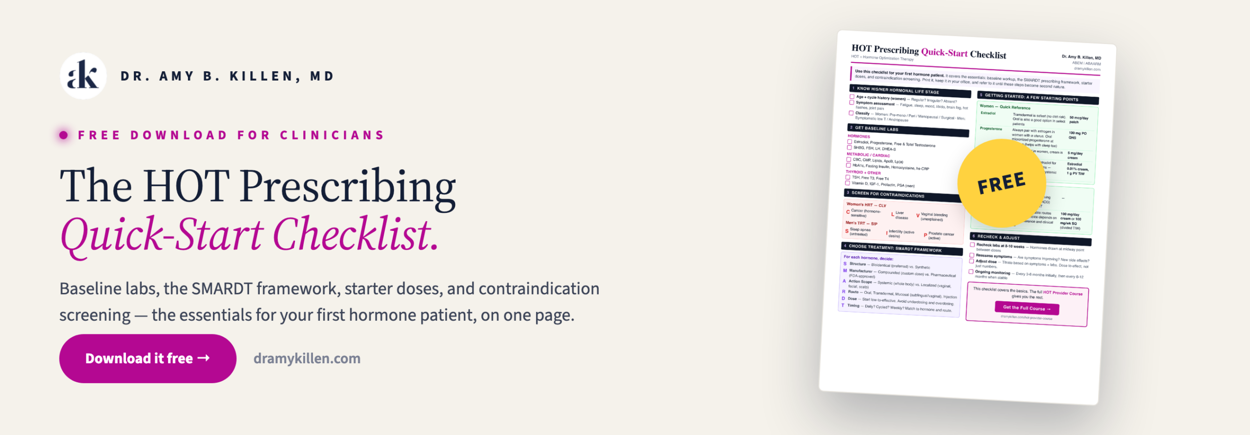 Free HOT Prescribing Quick-Start Checklist by Dr. Amy B. Killen
